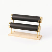 Double-Tier Bracelet Display Stand Leather-Wrapped Wooden Bracelet Stand Countertop Bangle Display Minimalist for Collectors, Dresser