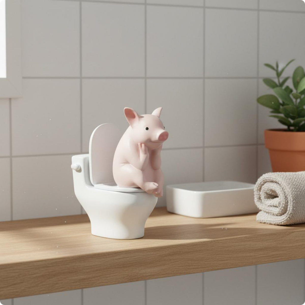 Miniature Pig Toilet Figurine Cartoon Design Pig on Toilet Glossy