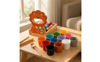 Natural Wood Feeding Toy with Lion Board Preschool Color Matching Toy with Cups and Balls Child-Centered Wooden Sorting Game with Scooping Tools Hand-Eye Coordination for Preschoolers