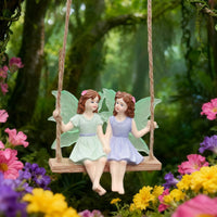 Sister Fairies on Swing Ornament Weather Resistant Hanging Fairy Swing Statue Design for Yard, Patio, Balcony