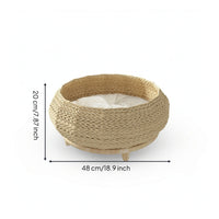 woven Cat Basket Bed with Cushion Round Cat Bed with Wooden Base Breathable for Kittens, Bedroom
