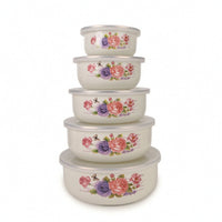 5 Pieces Enamel Food Storage Bowl Printed for Kitchen