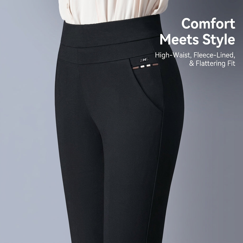 Straight Leg Trousers Ladies with Thick Fleece Lined Warmth for Women, High Waist Walking with Pockets, Casual Pants for Everyday Wear