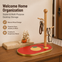 Wooden Key Holder with Shelf, Tabletop Key Organiser, Creative Storage for Hallway, Auspicious Wood Transparent Panel Design