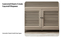 Louvered Door Console Distressed Finish Storage Cabinet French Country Design Handmade for Interior Decorators, Entryway