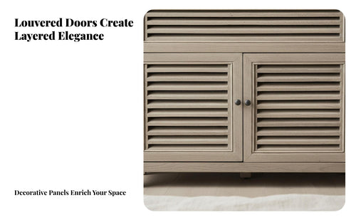 Distressed Finish Louvered Door Console French Country Design Storage Cabinet Retro aesthetic Home Furnishing sturdy Construction for Interior Decorators, Homeowners, Adults, Bedroom, Living Room, Entryway, Kitchen