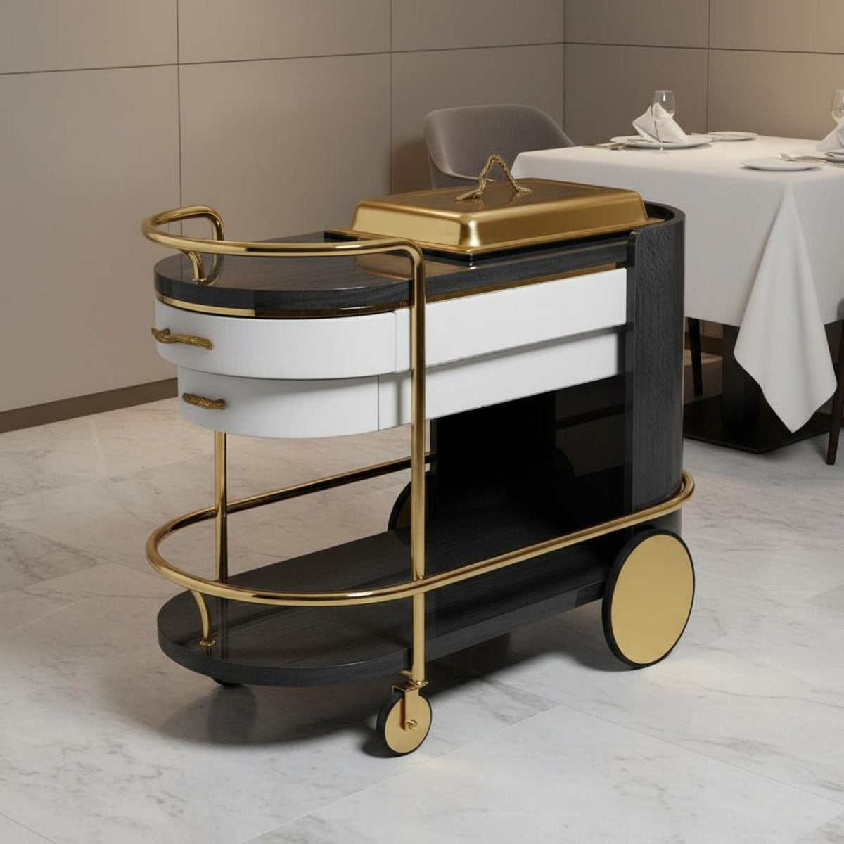Luxury Kitchen Service Cart Solid Wood & Stainless Steel Modern Dining Cart on Wheels Easy Mobility Multi-Tier Serving Trolley for Living Room, Villa