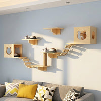 Cat Climbing Frame with House and Pad, Wood Wall Mounted Playground, Indoor Steps and Bridge, Simple Style Perch for Playing