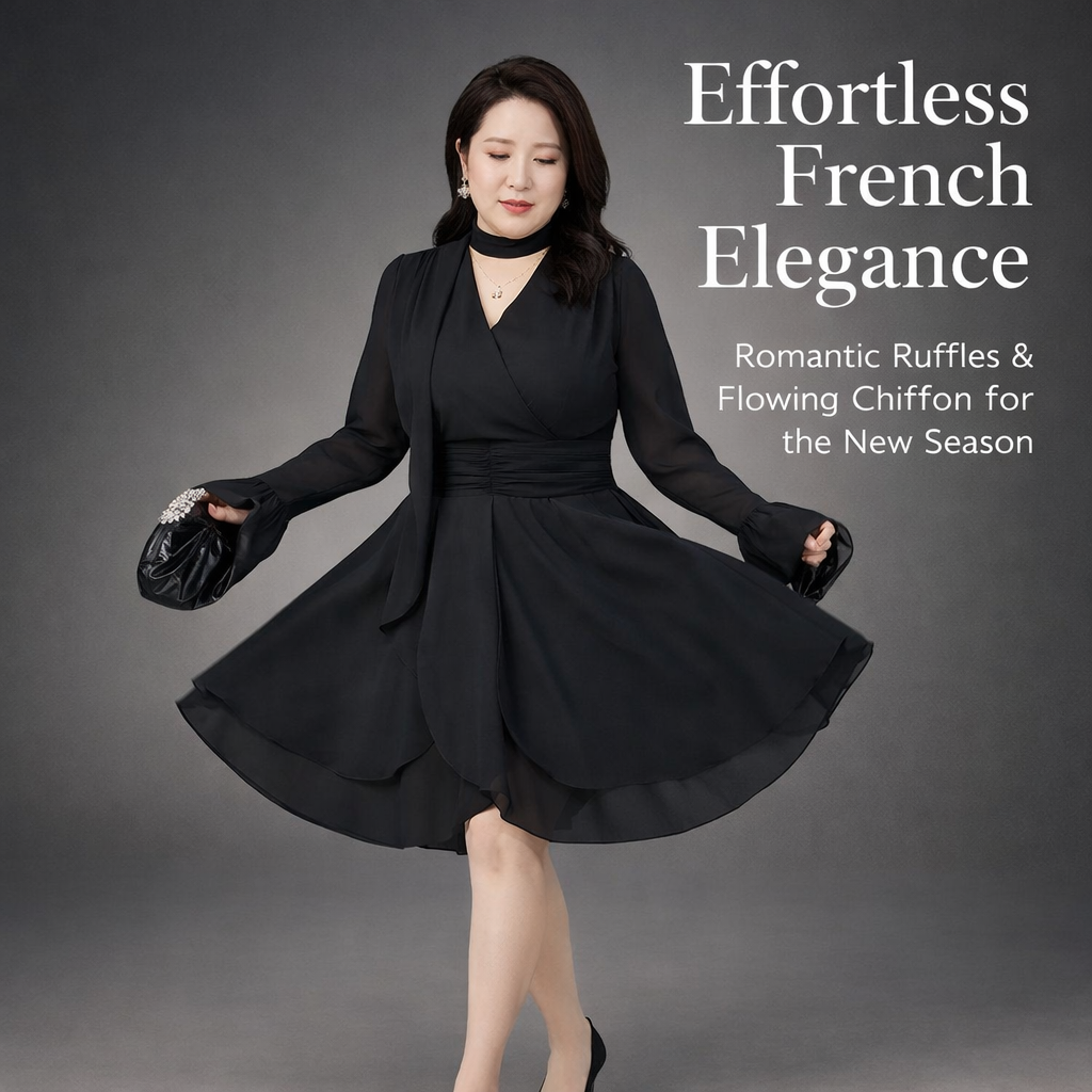 Wedding Guest Dresses for Women with Long Sleeves, Sheer Fabric V Neck Midi Dress with Ruffle Trim, Loose up to 8XL