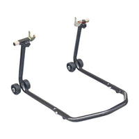 Steel stand lifts motorcycle wheels.