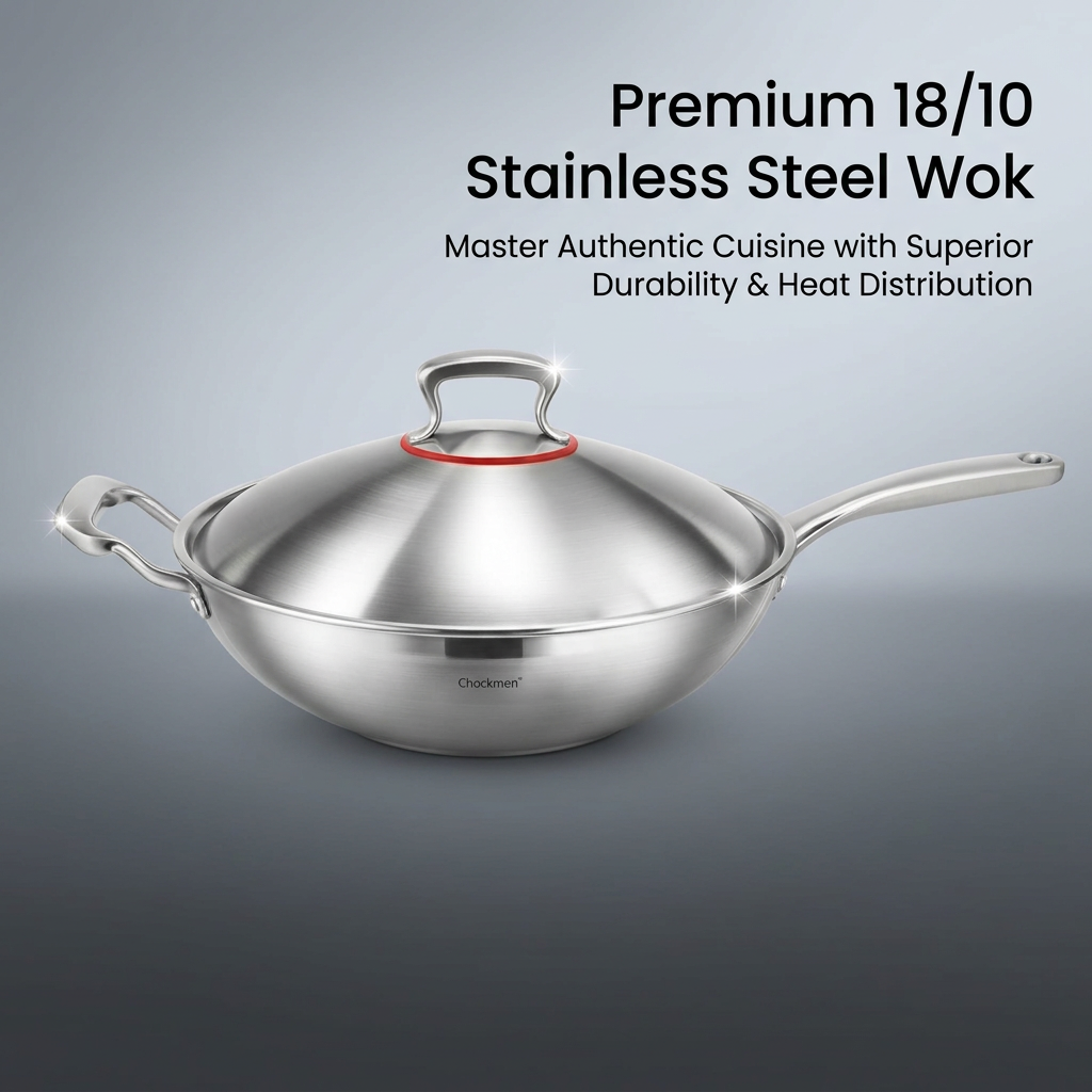 Stainless Steel Wok with Lid, 30cm Induction Deep Frying Pan for Asian Cooking, 18/10 Construction, 3mm Thick