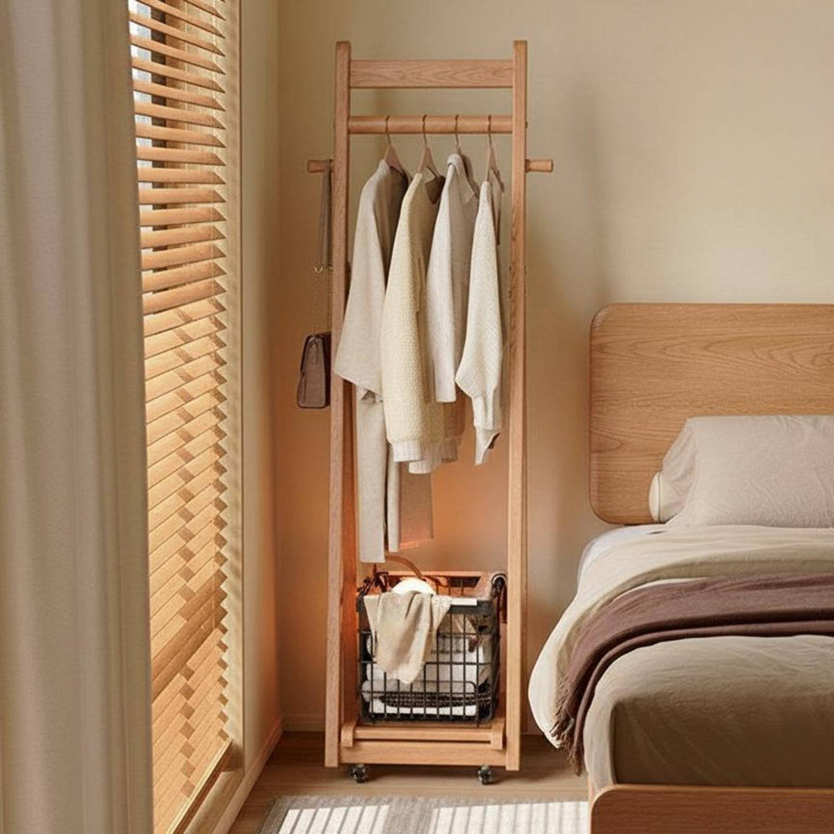 Rolling Valet with Hamper complimentarystanding Design Garment Rack Multi-Functional Detachable Basket for Adults, closet area