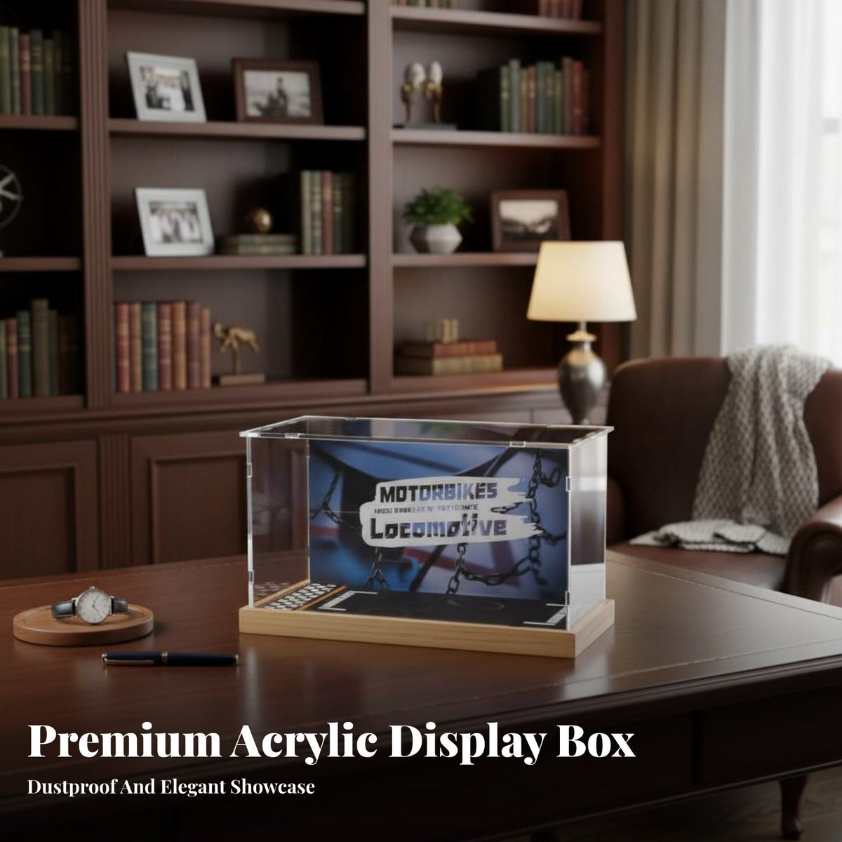 1:12 Scale Model Display Case Parking Scene Base Motorcycle Model Garage Box Printed Backdrop Clear Acrylic Display Case for Men, Desk Decoration