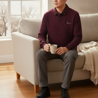 Men's Faux Two-Piece Shirt Collar Sweater with Fleece Lining, Thickened Warm Knitted Base Layer