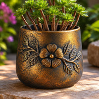 Vintage Embossed Metal Planter Open-Top Embossed Floral Planter Tapered Shape Rustic Flower Pot for Garden, Patio, Indoors