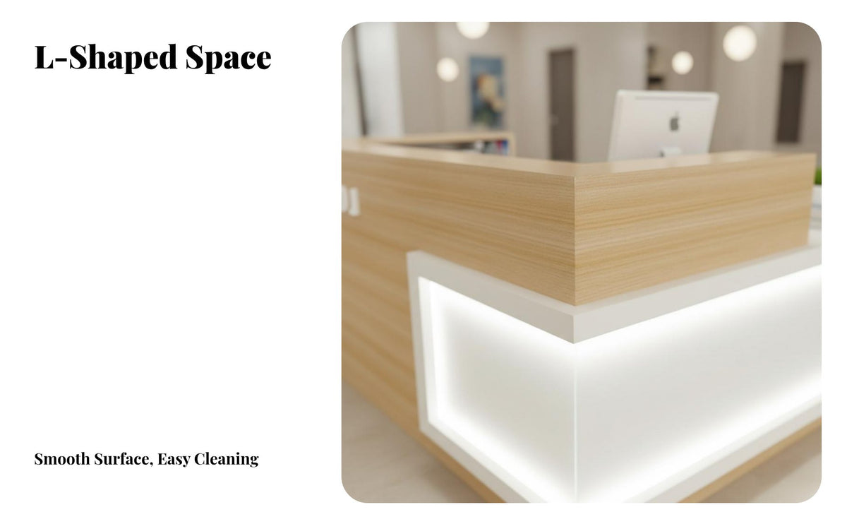 L-Shaped Reception Desk with LED Easy to Clean Glossy Finish Reception Counter Comprehensive Storage Area Front Desk for Retailers, Hotel Lobby