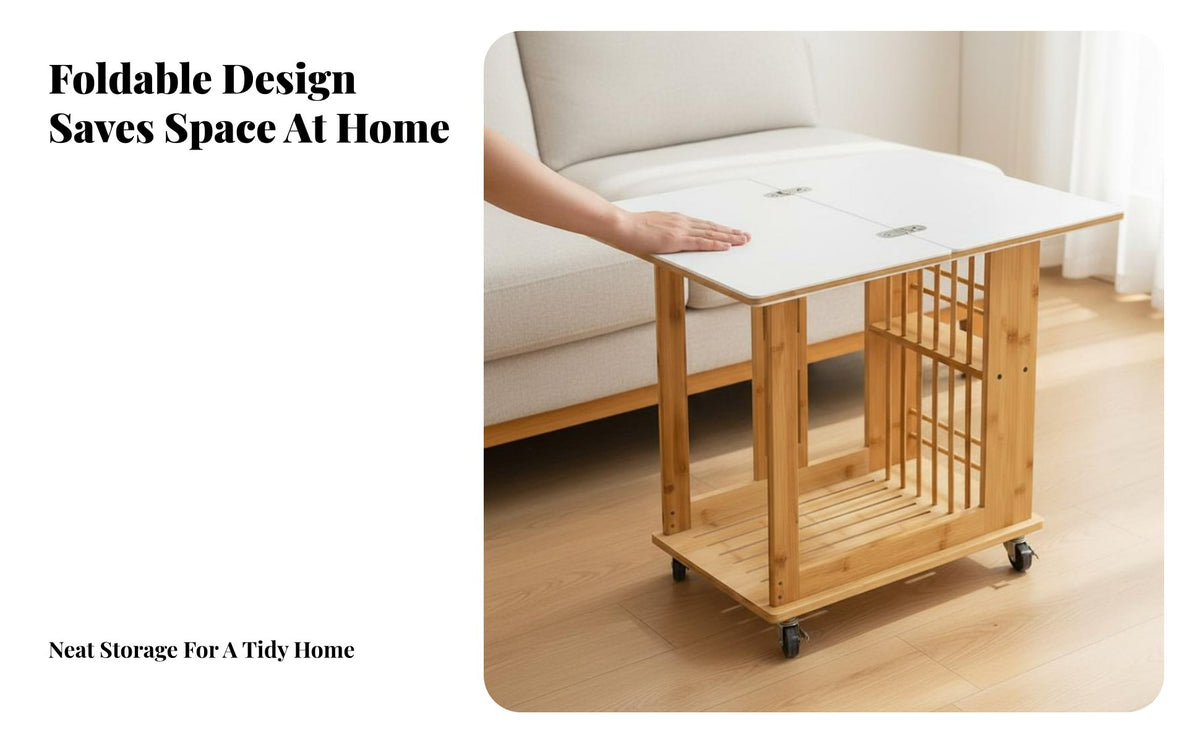 Retro Design Sofa Side Table with Wheels Space Saving Foldable Sofa End Table Multifunctional 2-Tier Rolling Cart Easy Setup for Apartment Dwellers, Homeowners, Living Room, Small Areas, Bedroom, Office