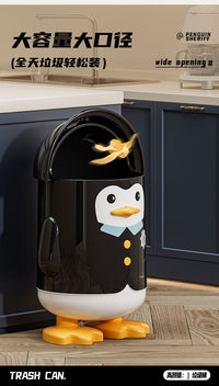 Penguin Sheriff Cartoon Flip-Top Trash Can with Wheels, 10L, PP, Black