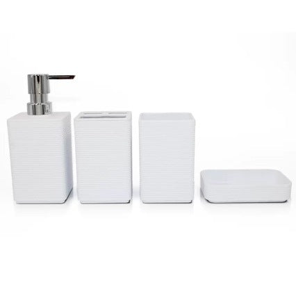 Minimalist Bathroom Toiletry Set of 4 with Lotion Pump, Cup, Soap Dish, Toothbrush Holder, Towel