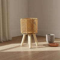 Woven Planter Stand Materials Rattan Basket Plant Holder Solid Wood Legs Tripod Plant Stand for Living Room