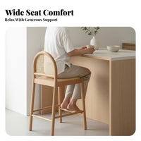 Woven Seat High Stool Wabi-Sabi Aesthetic Bar Chair Sturdy Wood Frame With Backrest for Interior Decorators, Kitchen Island