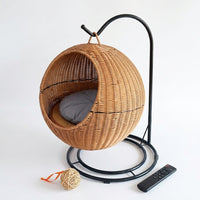 Hanging Cat Bed with Rocking Stand, Imitation Rattan Basket Cat Hammock, Modern Indoor Nest for Pets, Washable Cat Bed Cushion, Single Level