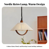 Japanese Aesthetic Retractable Hanging Lamp Wood Accent Adjustable Height Hanging Light Bohemian Design Woven Hanging Light for Interior Designers, Homeowners, Business Owners, Bar Counter, Dining Room, Bedroom, Restaurant