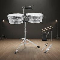 Timbales Drum Set with Stand and Cowbell Metal Timbales with Stand Double Percussion for Percussionists, Drummers, Music Studios, Rehearsals