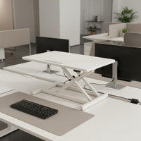 Two-tierTier Design Height Adjustable Desktop Workstation Spacious Work Surface Adjustable Sit-Stand Desk Riser Non-Slip Base Standing Desk Platform with Keyboard Tray Built-in Device Slot for Telecommuting Workers