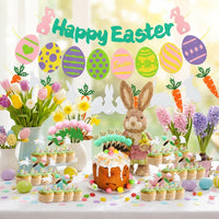 Easter Party Decoration Set Textile Material Bunny Veggie Garland Glitter Accents Happy Easter Cake Ter for Families, Teachers