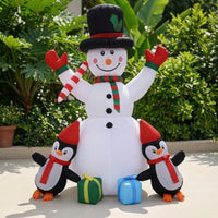 Eye-Catching Inflatable Snowman with Penguins Stable Snowman with Top Hat Giant Yard Decoration Reusable for Lawn