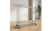 Metal Double Rod Garment Rack with Wheels Mobile Freestanding Clothes Rack with Shoe Storage Portable Furniture Space-Saving for Balcony