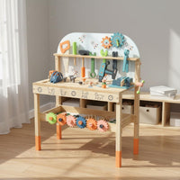 Wooden Repair Bench Storage Shelf Wooden Tool Bench Easy to Assemble Kids Workbench for Playroom