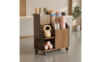 Caster Wheels Wheeled Storage Rack Open Front Exercise Mat Rack Wood Grain Exercise Storage Cabinet Compact