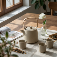 Ceramic Tea Set Speckled Clay Tableware Wooden Tray