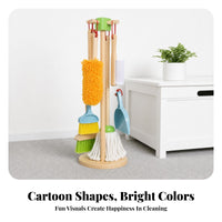 Role-Play Wooden Cleaning Toy Set Early Learning Kids Cleaning Playset Storage Stand Toy Mop and Broom Set Bright Colors for Children