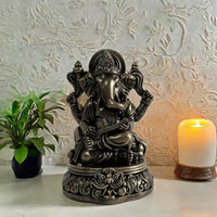 Elephant Deity Figurine Raised Scrollwork Seated Elephant Statue