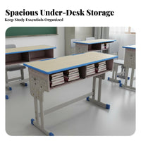 Double Student Desk and Chair Set Heavy-Duty Steel Frame Adjustable Height School Desk Construction Two Person Study Table Set for Teens, Home