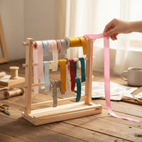 Ribbon Storage Rack Wood Ribbon Organizer with Tray Wooden for Crafters, Florists, Gift Wrapping Station