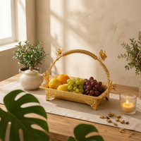 Ornate Tabletop Fruit Tray Embossed Metal Fruit Basket Arched Handle