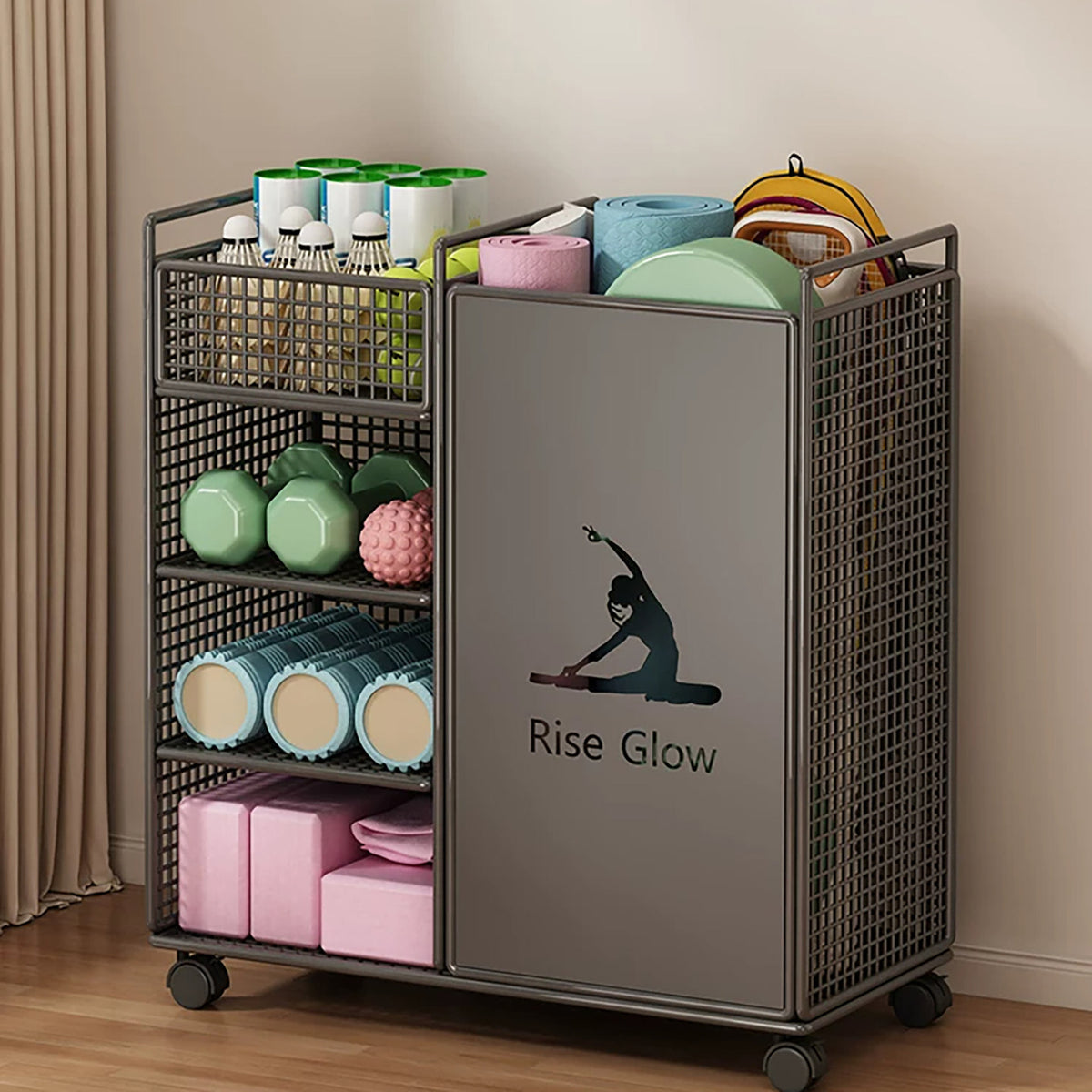 Home Yoga Mat Storage Rack with Wheels for Sports Equipment Organizer