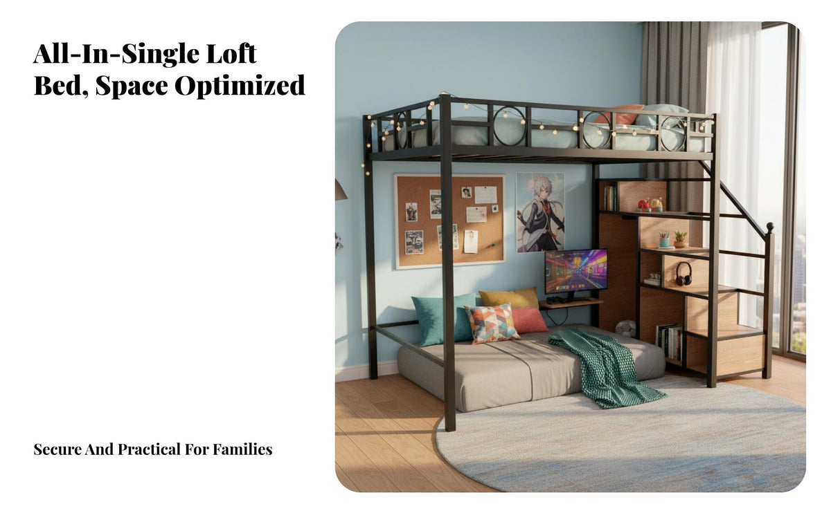 Multifunctional Loft Bed Nordic Design Steel Frame Elevated Bed Multiple Configurations for Students, Young Adults, Small Apartment, Dorm Room