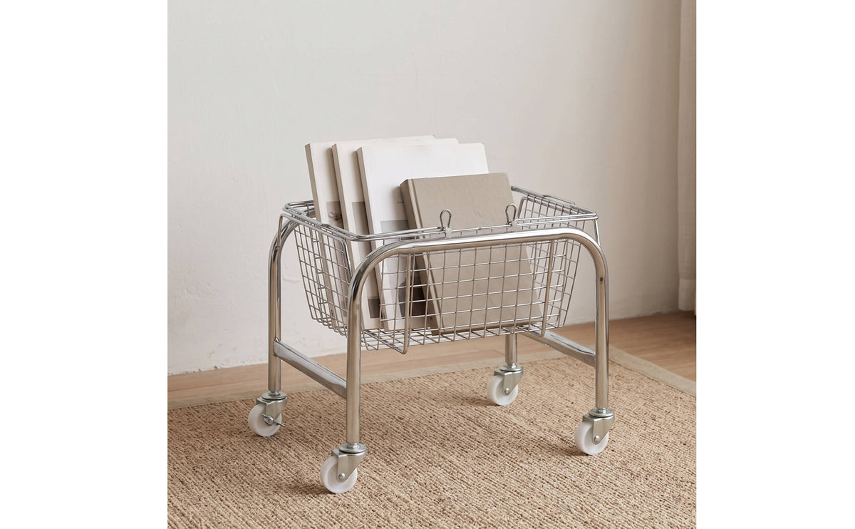 Mobile Wire Storage Basket with Wheels Sturdy Metal Wire Utility Cart Rust-Resistant Rolling Organizer with Hooks Easy to Clean for Students, Teachers, Office, Classroom, Reading Corner