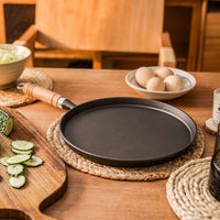 Frying Pan and Pancake Pan with Wooden Handle, Heavy Duty Cast Iron Griddle Pan for Crepes, Flat Bottom Egg Pan Induction Set with Glass Lid