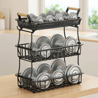 3-Tier Fruit Basket Wire Mesh Three-Tier Fruit Basket Stable Kitchen Organizer with Hooks for Pantry