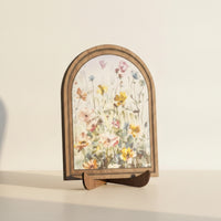 Wood Frame Plaque with Floral Print Freestanding Arched Table Decor Watercolor Tabletop Sign for Shelf, Mantel, Desk
