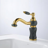 Polished Gold Faucet with Rotating Outlet Marble Textured Gooseneck Faucet Glossy Basin Tap Vintage for Bathroom, Powder Room, Guest Bath