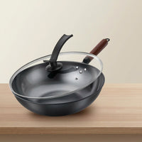 Frying Pan for Induction Hob and Stir Fry, Uncoated Cast Iron Wok with Lid for Home Cooking, Easy to Use Wooden Handle, Induction Wok Fry Pan