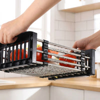 Extendable Drain Rack and Stainless Steel Dish Rack, Kitchen Sink Drainer with Built-in Cutlery Basket, Rectangular Extendable Drain Basket