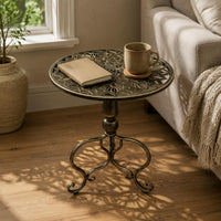 Carved Round Side Table Antique Finish Small Round Decorative Table for Balcony, Living Room